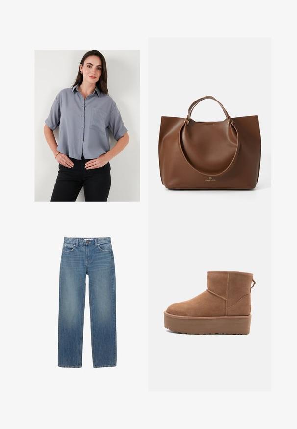 Gray short-sleeve button-up shirt with a collar, single chest pocket, and a relaxed fit. Fabric appears smooth and lightweight.; Light blue denim jeans with a straight cut, five pockets, and copper-tone hardware. The fabric has a slight fade and a smooth texture.; Tan suede ankle boot with a platform sole, rounded toe, and stitching accents; features a pull tab at the back for easy wear.; Brown leather tote bag with a smooth texture, large circular handles, featuring minimalistic design and logo embossed at the base.