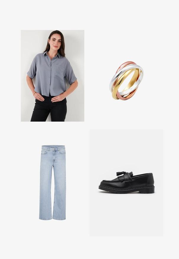 Camicia grigia a maniche corte con bottoni, colletto, tasca sul petto e vestibilità comoda. Il tessuto appare liscio e leggero.; Jeans a gamba larga di colore blu chiaro realizzati in denim. Presentano passanti per cintura, design a cinque tasche e dettagli cuciti lungo le cuciture.; Mocassino in pelle nera con dettagli a frangia, cuciture lungo il bordo e una suola in gomma spessa per una maggiore durata.; Tre anelli intrecciati realizzati in argento lucido, oro e oro rosa, con un design liscio e arrotondato e una finitura brillante.