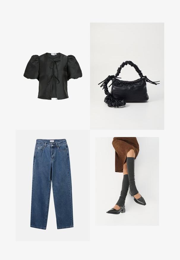 Schwarze Satinbluse mit puffärmeligen Kurzärmeln, einem runden Ausschnitt und einer vorderen Bindeschleife. Glatte Textur und lockere Passform.; Klassische blaue Denim-Jeans mit geradem Bein, fünf Taschen und Knopfverschluss. Sie verfügen über eine mittelblau gewaschene Optik und sind aus robuster Textur.; Schwarze lacklederne spitze Schuhe mit Blockabsatz und Knöchelriemen, kombiniert mit grauen gerippten Beinstulpen und einem braunen Wildlederrock.; Schwarze Handtasche aus Kunstleder mit Krokodilstruktur, gerafftem oberen Teil und einem geschoppten Tragegurt. Sie wirkt weich und kompakt im Design.