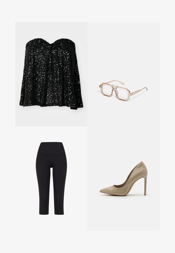 Melna strapless blūze, kas dekorēta ar spožiem pērļiem, ar brīvu piegriezumu un gludu auduma faktūru, ar spīdīgiem atstarojošiem akcentiem visā virsmā.; Melni trīs ceturtdaļu garuma legingi, izgatavoti no stiepjama auduma, ar augstu jostasvietu un bez redzamām rakstu vai furnitūras detaļām.; Beige laku ādas augstpapēžu kurpe ar smailu purngalu, elegantu siluetu un stiletto papēdi. Gluda tekstūra ar minimāliem detalizējumiem.; Caurejas, kas ir sešstūra formas un caurspīdīgas, ar gaiši brūniem toņiem; resni, caurspīdīgi apmali un plānas kājiņas; nav redzamu logo vai rakstu.; Melna ādas rokassoma ar savilkuma dizainu, īsām noapaļotām rokturiem un izolajamu plecu siksnu. Gluda tekstūra ar mīkstu siluetu.