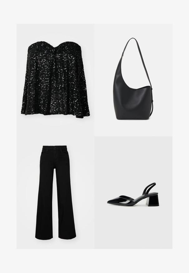 Svart off-shoulder topp dekket med paljetter, med en løs passform og en glatt stofftekstur, med glitrende refleksdetaljer gjennom hele.; Svart vide bukser laget av denim, med en strukturert midjebånd, beltestropper og frontlommer. Glatt tekstur med et klassisk design.; Svarte patentlær slingback hæler med spiss tå og geometrisk blokk hæl. Har et stilrent, minimalistisk design og jevn tekstur.; Svart lær hobo-veske med glatt tekstur, buet form og enkelt justerbart stropp; har en bred åpning på toppen.
