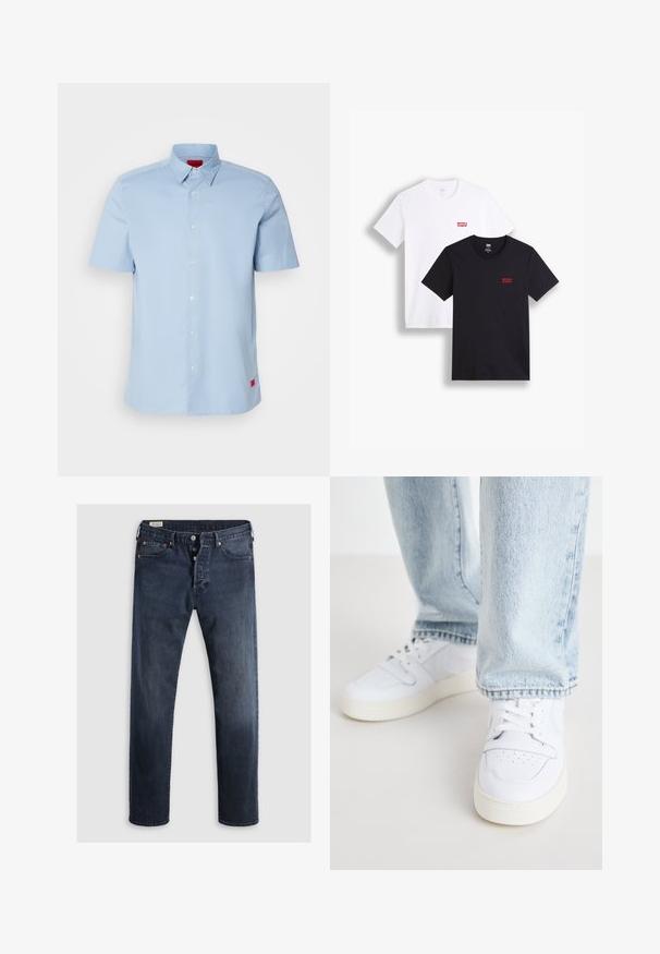 Ljusblå kortärmad skjorta med knapp-down krage, med en framknäppning och röd logotypaccent på nedre vänstra sidan.; Två kortärmade t-shirts: en vit och en svart. Båda är tillverkade av bomull med en röd Levi's-logotyp på bröstet. Enkel design med rund hals.; Mörkblå jeans av denim med rak benpassform, med dragkedja, metallknappar och detaljer av kopparnitar. Slät textur, inga synliga mönster.; Vita lädersneakers i låg modell med perforerat tåparti, platta snörningar och minimalistisk design. I kombination med ljusblå denimjeans.