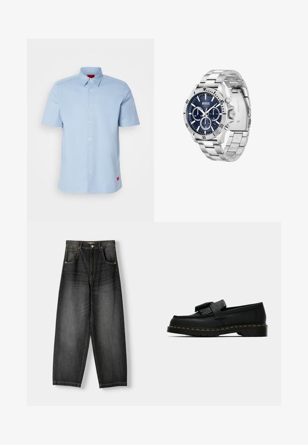 Camicetta azzurra a maniche corte con colletto button-down, con una patta frontale e un accento di logo rosso sul lato sinistro in basso.; Jeans a gamba larga in denim scuro con vita alta, cinque tasche, cuciture dorate a contrasto e chiusura con bottone. Frontale liscio e gambe dritte.; Mocassino in pelle nera con nappine, cuciture gialle lungo la suola e una suola in gomma spessa e rigata.; Orologio cronografo in acciaio inossidabile argentato con quadrante blu testurizzato, tre sottoquadranti e visualizzazione della data alle 6. Bracciale metallico regolabile.; Urban Classics CROSS NECKLACE - Collana - silver-coloured