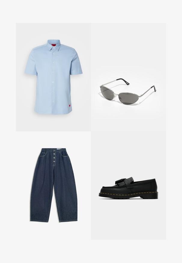 Himmelblaues Kurzarmhemd mit kentkragen, ausgestattet mit einer vorderen Knopfblende und rotem Logo-Akzent auf der unteren linken Seite.; Dunkelblaue Denim-Hose mit weiter Beinform und hoher Taille, fünfknöpfigem Verschluss und fünf Taschen. Mit Steppnähten an den Nähten.; Schwarzer Lederloafer mit Quasten, gelben Nähten entlang der Sohle und einer dicken, gerippten Gummisohle.; Sonnenbrille mit einem schlanken, silbernen Metallrahmen, grauen getönten Gläsern und einem aerodynamischen Design mit spitzen Kanten und dünnen Bügeln.; Urban Classics CROSS NECKLACE - Halskette - silver-coloured