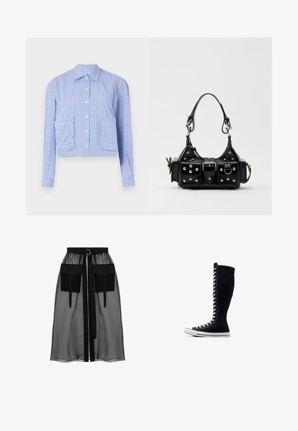 Tamsiai mėlynas ir baltas čekuotas marškinys, trumpomis rankovėmis, mygtukų frontas, raukšlių akcentuotų kišenių, struktūrizuota apykaklė, glotni medvilnės medžiaga.; Juoda permatoma sijonas su surinkta liemene, dviem didelėm priekinėm kišenėm, liemens raišteliu ir apvaliu metaliniu akcentu.; Juodos aukštos sportinės bateliai su aukštu dizainu, pagaminti iš kanvo. Su baltais raišteliais, siūlėmis ir guminėmis padais su pirštų kepurėle.; Juodas odinis rankinukas su kreiviu dizainu, su sidabro spalvos knopkėmis, užsegimu ir dviem šoninėmis kišenėmis. Reguliuojama dirželis nešimui.