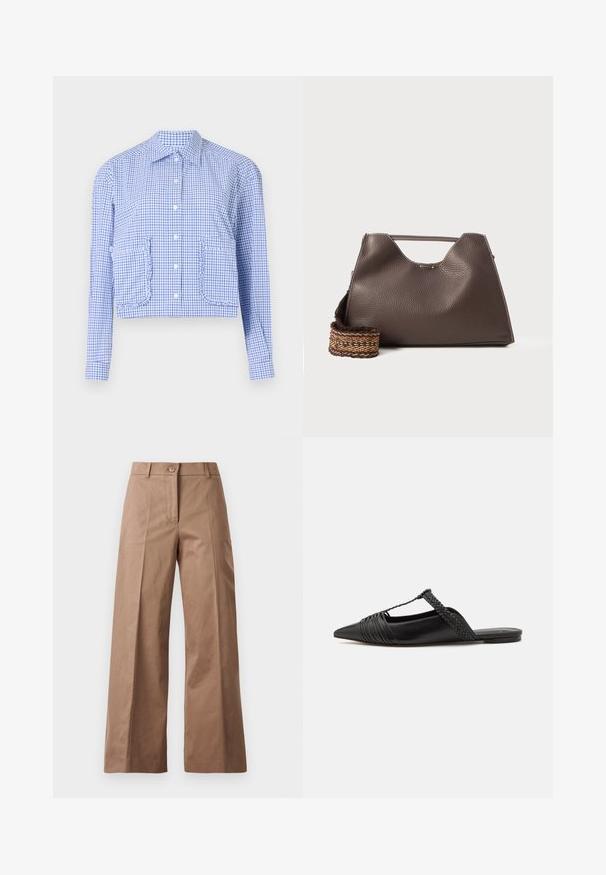 Geknipte blauw-wit geruite shirt, lange mouwen, knoopsluiting, met rimpeldetails bij de zakken, gestructureerde kraag, gladde katoenen stof.; Bruine wijde broek gemaakt van een gladde stof, met een voorknoopsluiting, twee zijzakken en strakke, op maat gemaakte lijnen.; Zwarte leren slingback schoen met een puntige neus, voorzien van een gevlochten accent en geplooid ontwerp aan de bovenkant. Platte zool met minimale hardware.; Bruine leren handtas met een gestructureerde afwerking, hoekig ontwerp en een kenmerkende bovenhandgreep. Beschikt over een gestreepte geweven riemdetail.