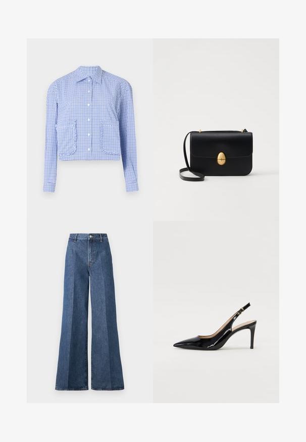 Lõigatud siniste ja valgete ruutudega särk, pikad varrukad, nupuvajutuse esikülg, volangidega taskud, struktureeritud krae, sile puuvillane kangas.; Laiad sinised denimpüksid kõrge vöökohtusega, klassikalise viie taskuga ja nööpkinni, valmistatud tekstureeritud puuvillakangast.; Must hõbedavärvi patendiga slingback kontsakingad terava varbaga, kitsas konts ja peene lõikega disain. Statistika on kuldne pandla rihmal.; Must kase nahast käekott, millel on struktureeritud ristkülikukujuline kuju. Omab kuldset ovaalset lukku ja õhukest õlavarre rihma. Sile tekstuur.