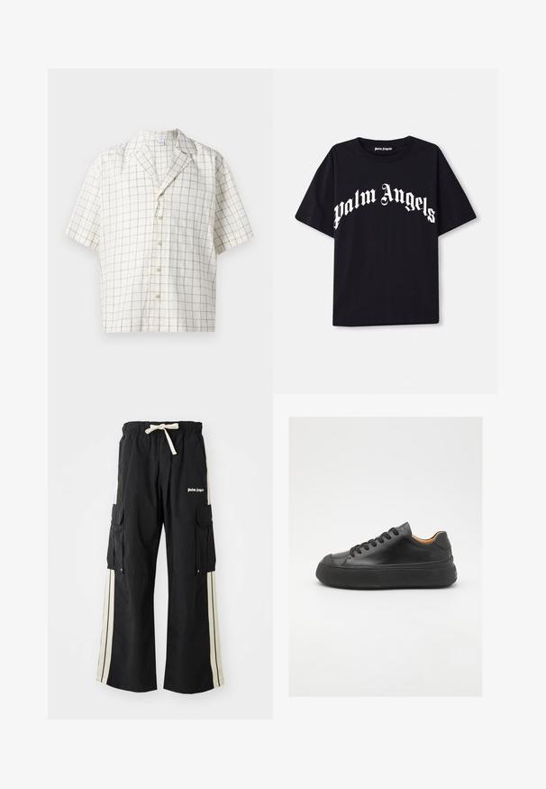 Camisa de manga corta en una tela de beige claro con un patrón de cuadrícula. Presenta un cuello con muesca y un cierre de siete botones.; Camiseta de algodón negra de manga corta y cuello redondo, con el texto en blanco "palm angels" en una fuente curva y ornamentada en la parte frontal.; Pantalones cargo negros con cinturilla elástica y cordón, presentan franjas laterales color crema, múltiples bolsillos y detalle de logo en la parte delantera.; Zapatilla de cuero negra con puntera redonda, cordones en la parte frontal, textura suave, suela de goma gruesa y un interior marrón claro que contrasta.