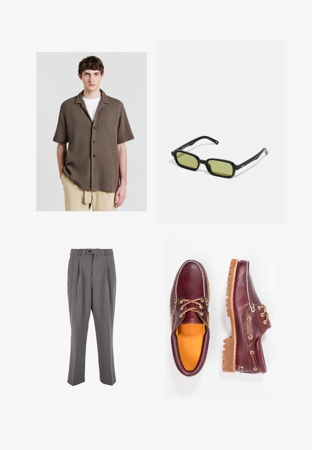 Brown short-sleeve textured shirt with a button front, a classic collar, and black buttons, worn over a white shirt.; Gray pleated trousers made of smooth fabric, featuring a straight cut, a single button closure, and belt loops. Minimalist design.; Burgundy leather shoes with brown rubber soles, round toe, white stitching, and gold eyelets. Interior features a yellow lining.; Black sunglasses with an angular design, green tinted lenses, and smooth plastic frames. Features gold accents on the temples.