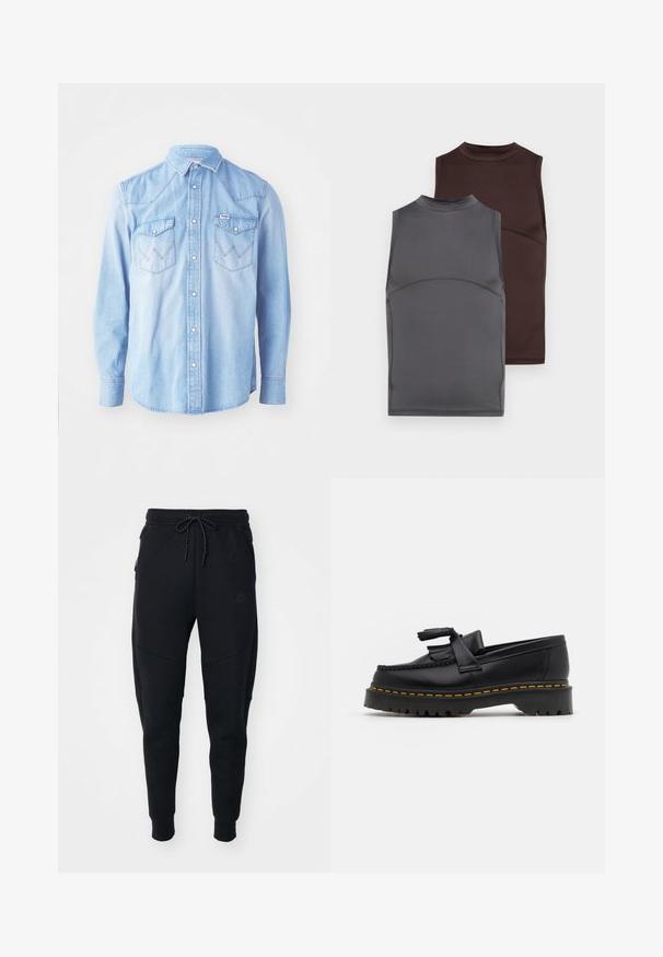 Camisa de denim azul-claro com mangas longas, colarinho pontudo, dois bolsos no peito com padrões de ponto zigzag e fecho de botão.; Duas camisetas sem mangas em cinza escuro e castanho, feitas de um tecido suave. Cada uma possui um decote alto e um design ajustado com detalhes de costura contrastantes.; Calças de jogging pretas feitas de tecido macio, com cintura elástica ajustável, pernas ajustadas e bolsos laterais com um design elegante.; Mocassim de couro preto com um detalhe de franjas, apresentando uma sola preta robusta e costura amarela ao longo da borda. Acabamento texturizado.