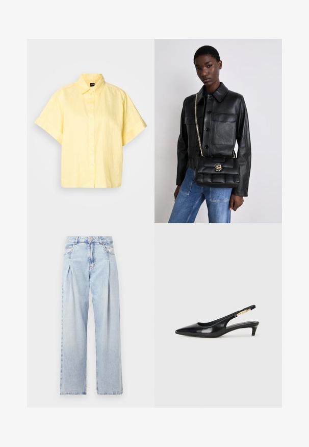 Šviesiai geltona trumpomis rankovėmis mygtukinė marškinėliai, pagaminti iš lino. Turi klasikinį apykaklę ir laisvą pjūvį su sukabintomis rankovėmis.; Šviesiai mėlyni džinsai su aukštu liemeniu, plačiomis kojomis, dviem šoninėmis kišenėmis ir raukinių dizainu. Minkšta tekstūra su nudilusia apdaila.; Juodas odinis pavasario batelių modelis su smailiu nosiu, turintis siaurą kulniuką ir auksinės spalvos akcentu reguliuojamoje juostoje. Lygi tekstūra.; Juodas odinis švarkas su mygtukų uždarymu ir dviem priekinėmis kišenėmis, sujungtas su juodu siuvinėtu rankiniu krepšiu, turinčiu auksinį užsegimą ir grandinėlės dirželį.