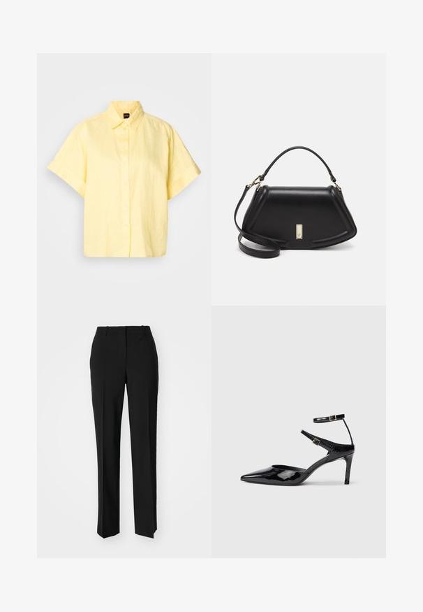 Short-sleeve button-up shirt in light yellow, made from linen. Features a classic collar and a relaxed fit with rolled sleeves.; Black tailored trousers with a straight-leg design, featuring a smooth texture and crisp creases along the front. No visible hardware.; Black patent leather heels with a pointed toe, adjustable ankle straps, and a slender heel. Smooth texture with a shiny finish.; Black leather handbag with a structured design, featuring a cropped shape, top handle, and gold hardware accent. Adjustable shoulder strap included.