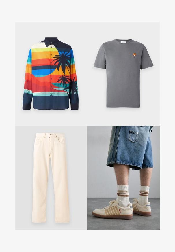 Šarena košulja s dugim rukavima s horizontalnim prugama u nijansama plave, narančaste i zelene boje, s grafikom palme u crnoj boji i tamnim ovratnikom.; Siva pamučna majica s malim vezom narančaste lisice iznad lijevog grudnog koša. Okrugli izrez, kratki rukavi i klasičan kroj.; Svijetlo bež traperice s ravnim nogavicama, pet džepova i prednjim kopčanjem na dugme. Šavovi su vidljivi duž šavova.; Bež retro tenisice sa smešnim gumiranim đonom, sa prugastim detaljima i izvezenim logotipima. Nose se sa belim čarapama i prugastim smešnim detaljem.