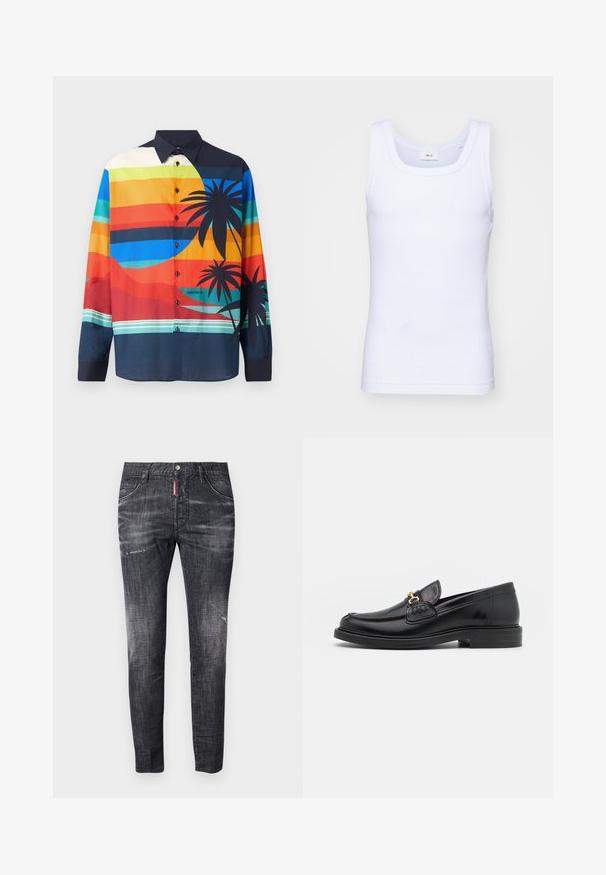 Šarena košulja s dugim rukavima s horizontalnim prugama u nijansama plave, narančaste i zelene boje, s grafikom palme u crnoj boji i tamnim ovratnikom.; Bijela pamučna bezrukavna majica s okruglim izrezom, s glatkom teksturom i prilagođenim oblikom, dizajnirana za ležerno nošenje.; Tamno sivi traperice s uskim krojem, suptilnim izbjeljivanjem, ožiljcima na bedrima, pet džepova i kontrastnim crvenim etiketom.; Crni kožni loafers s zaobljenim vrhom, s zlatnim detaljem i šavovima, smješteni na niskoj, teksturiranoj gumene potplati.