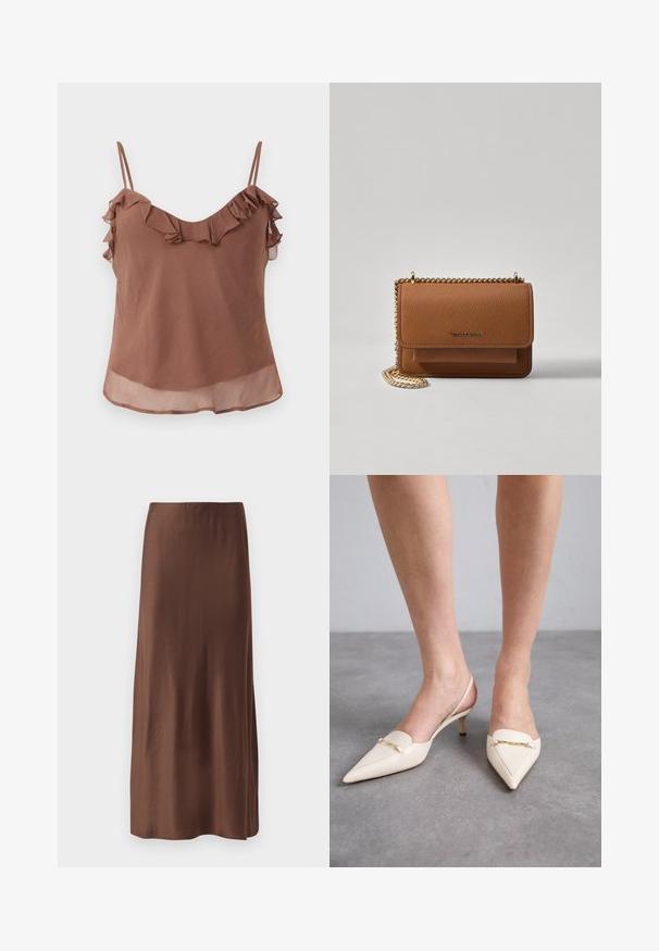 Brun uten ermer topp laget av lett materiale med teksturert overflate, med volanger langs utringningen og stroppene.; Brun sateng midi-skjørt med en jevn tekstur, med en rett passform og uten synlige mønstre eller dekorasjoner. Enkelt og elegant design.; Kremfargede, spisse slingback-hæler med en slank midt-hæl, med en gylden kjedeakcent på den fremre delen og glatt lærtekstur.; Brun teksturert lær crossover-veske med gullkjede-stropp og klaffelukking. Fronten har logo-detalj og en lomme under klaffen.