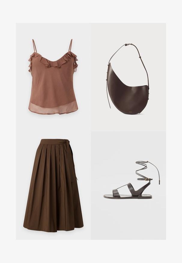 Top marrone senza maniche realizzato in tessuto leggero con una finitura testurizzata, caratterizzato da dettagli arricciati lungo il colletto e le spalline.; Gonna plissettata marrone realizzata in tessuto con una texture liscia, caratterizzata da un vita alta e dettagli laterali con lacci per la chiusura.; Sandal in pelle marrone con suola piatta, caratterizzato da un design minimalista, cinturino curvo per la caviglia e numerosi ritagli per la traspirabilità.; Borsa a tracolla in pelle marrone con forma curva, tracolla singola e design minimalista. Presenta un logo discreto e dettagli in metallo dorato.