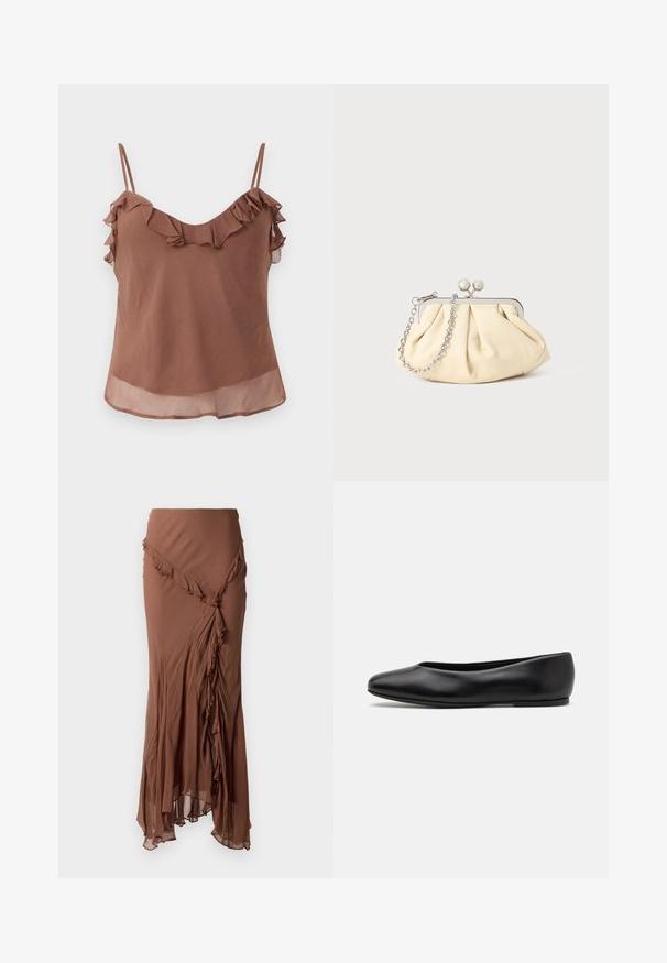 Bruin mouwloos topje van lichtgewicht stof met een gestructureerde afwerking, voorzien van ruches langs de halslijn en banden.; Bruine, lange rok van lichtgewicht stof. Heeft een gerimpeld ontwerp langs de asymmetrische zoom en een vloeiende silhouette.; Paul Smith TOPANGA - Ballerina's - black; Geplooide beige leren clutch met een zilveren metalen frame, voorzien van twee ronde decoratieve sluitingen en een zilveren kettingriem.