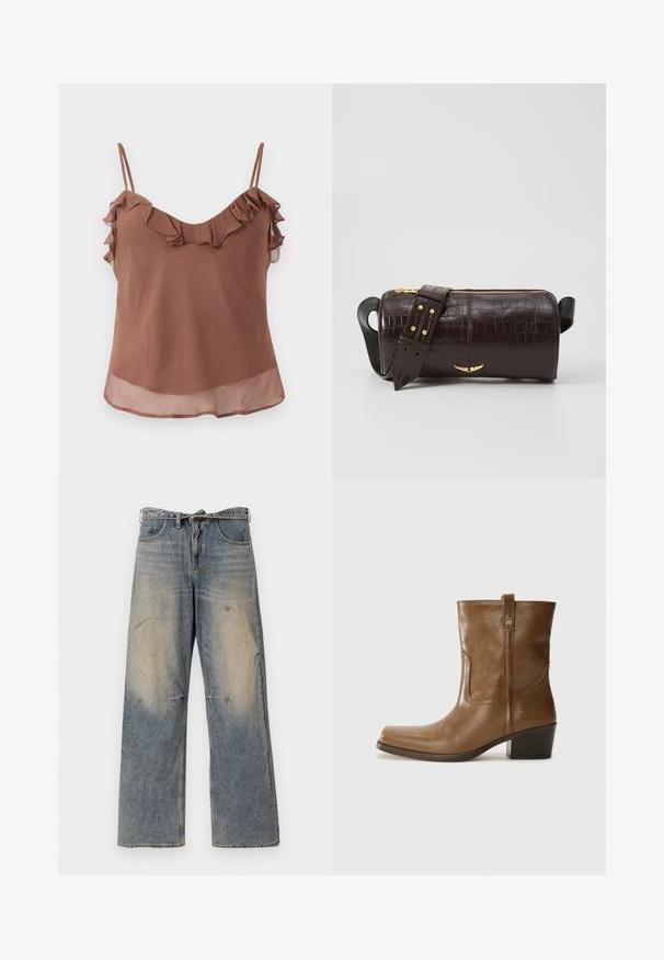 Brauner ärmelloser Oberteil aus leichtem Stoff mit strukturiertem Finish, ausgestattet mit Rüschendetails entlang des Halsausschnitts und der Träger.; Helle blaue Denim-Jeans mit einem lockeren, geraden Schnitt. Verfügt über Ausbleichungen, Verwaschungen und abgenutzte Details an den Knien. Klassisches Fünf-Taschen-Design.; Braune Leder-Ankle-Boots mit quadratischer Zehenform, strukturiertem Finish und niedrigem, gestapeltem Absatz. Ausgestattet mit einer Zuglasche auf der Rückseite und dezenten Stickdetails.; Braune, krokodilgeprägte Lederhandtasche mit zylindrischer Form, goldfarbener Hardware und einem abnehmbaren Tragegurt mit Nieten.