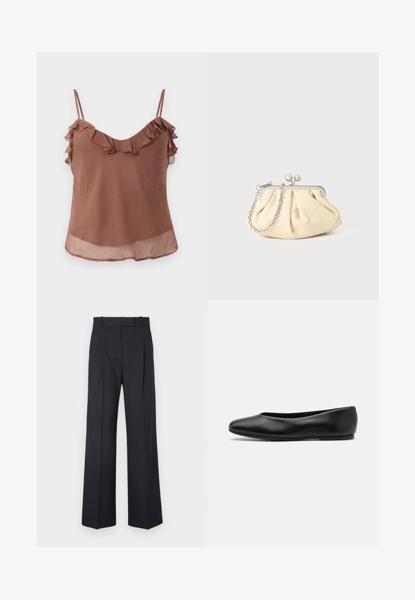 Brown sleeveless top made of lightweight fabric with a textured finish, featuring ruffled accents along the neckline and straps.; Dark blue pinstriped trousers with a high waist, wide leg design, and no visible hardware or embellishments. Smooth texture and tailored fit.; Paul Smith TOPANGA - Ballet pumps - black; Pleated beige leather clutch with a silver metal frame, featuring two round decorative clasps and a silver chain strap.