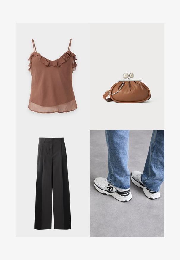Könnyű anyagból készült, barna ujjatlan felső, textúrázott felülettel, fodros díszítéssel a nyakkivágásnál és a pántoknál.; Fekete, bő szárú nadrág magas derékkal, elöl plissékkel, sima felülettel és igényes kidolgozással. Kényelmes viseletre tervezve.; Fehér és szürke sportcipők, texturált hálós felsőrésszel, fekete részletekkel, és feltűnő logóval az oldalon és a sarkon, kék farmernadrággal párosítva.; Barna bőrből készült clutch táska ezüst gömb záróval és kis ezüst lánc díszítéssel, fehér háttéren.