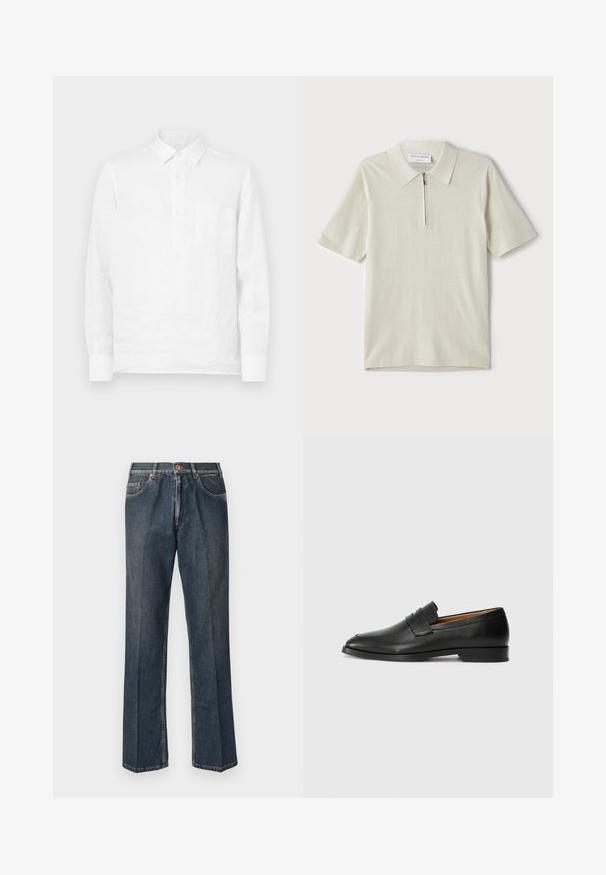 Camisa de lino blanca de manga larga con tapeta de botones y un bolsillo en el pecho, con una textura suave y un diseño clásico de cuello.; Polo de manga corta en un beige claro con cuello con cremallera. Fabricado en un tejido suave, presenta un diseño sencillo y moderno sin patrones.; Vaqueros de mezclilla de pierna recta en azul oscuro con botón frontal, cremallera, dobles bolsillos frontales y pliegues verticales visibles a lo largo de las piernas.; Mocasín de cuero negro con punta redonda, detalles de costura sutil y un tacón bajo, que presenta una textura suave y un diseño minimalista.