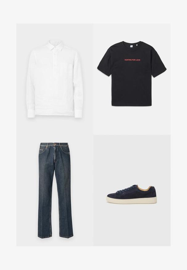 Biała lniana koszula z długim rękawem, z zapięciem na guziki i kieszenią na piersi, charakteryzująca się gładką teksturą i klasycznym krojem kołnierza.; Czarna bawełniana koszulka z krótkim rękawem, z haftowanym czerwonym napisem "HUNTING FOR LOVE" na klatce piersiowej. Prosty i luźny krój.; Ciemnoniebieskie dżinsy prostego kroju z przodu na guzik, z suwakiem, podwójnymi kieszeniami z przodu oraz widocznymi pionowymi zmarszczeniami na nogawkach.; Granatowe zamszowe trampki niskie z okrągłym czubkiem, z off-white gumową podeszwą i pasującymi sznurówkami; mają kontrastującą tanową podszewkę wewnętrzną.
