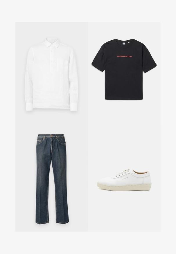 Camicia bianca a maniche lunghe in lino con patta a bottoni e taschino sul petto, dotata di una superficie liscia e un design del colletto classico.; T-shirt in cotone nero con maniche corte, decorato con il testo rosso "HUNTING FOR LOVE" ricamato sul petto. Vestibilità semplice e rilassata.; Jeans in denim blu scuro a gamba dritta con bottone frontale, zip, doppie tasche anteriori e pieghe verticali visibili lungo le gambe.; Sneaker bianca in pelle con finitura testurizzata, punta rotonda, suola in gomma beige e sei occhielli per lacci grigi, con un branding discreto sul lato.