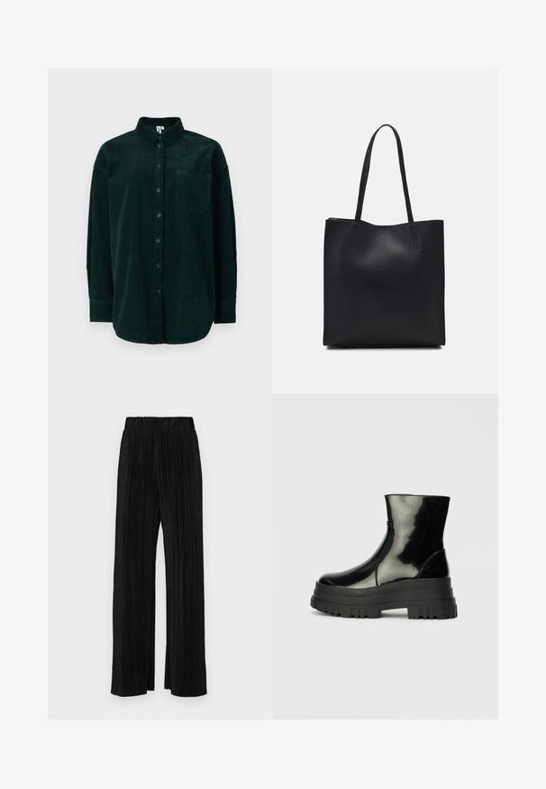 Mörkgrön kordfløyelskjorta med knappad krage, framficka och långa ärmar, med en texturerad tyg och klassisk passform.; Svarta plisserade byxor med resårmidja. Har vida ben och ett mjukt, texturerat material med vertikala ränder.; Svart glansig ankelsko med tjock sål och rund tå, sedd från sidan på en enfärgad ljusgrå bakgrund.; Svart lädertoffelväska med slät textur, rektangulär form och två långa handtag. Ingen synlig hårdvara eller dekorationer.