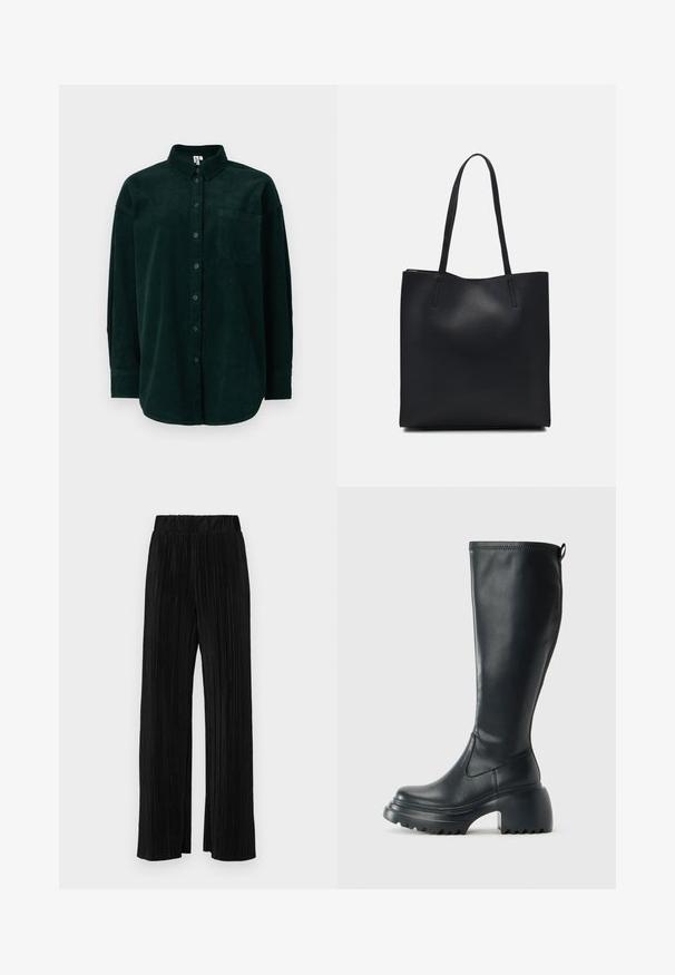 Dunkelgrünes Cordhemd mit Button-down-Kragen, Brusttasche und langen Ärmeln, aus strukturiertem Stoff und klassischer Passform.; Schwarze plissierte Hose mit elastischem Bund. Verfügt über weite Hosenbeine und einen glatten, strukturierten Stoff mit vertikalen Streifen.; Hoher schwarzer Lederstiefel mit einer robusten Plateausohle und Blockabsatz, der über eine Zuglasche und ein strukturiertes Profil an der Außensohle verfügt.; Schwarze Laptoptasche aus Leder mit glatter Textur, rechteckiger Form und zwei langen Griffen. Keine sichtbaren Beschläge oder Verzierungen.
