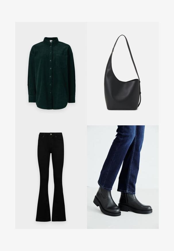 Camicia in corduroy verde scuro con colletto button-down, tasca frontale e maniche lunghe, dotata di un tessuto testurizzato e una vestibilità classica.; Jeans neri a vita alta con chiusura a bottoni e zip, tasche frontali e gambali svasati, distesi su uno sfondo bianco.; Stivali neri in pelle alla caviglia con suola spessa e pannelli elastici laterali, abbinati a jeans blu scuro. Il terreno è di colore chiaro.; Borsa hobo nera in pelle con una superficie liscia, forma curvata e una singola tracolla regolabile; presenta un'ampia apertura nella parte superiore.