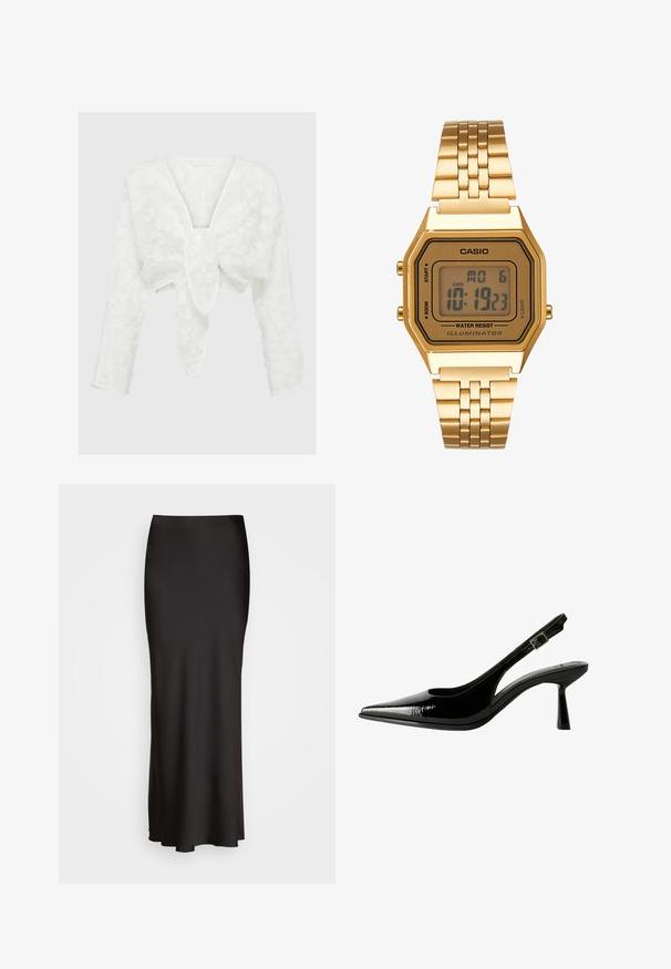 White cropped blouse with a deep V-neck, long sleeves, and textured floral pattern. Decorative bow feature at the front. Soft, lightweight material.; Black, floor-length satin skirt with a smooth texture, fitted waistband, and A-line silhouette, featuring no visible embellishments or patterns.; Black patent leather slingback pump with a pointed toe, cutout sides, adjustable ankle strap, and a thin, sleek heel.; Gold digital watch with a rectangular face, LCD display, stainless steel band, and buttons on the side. Features a water-resistant label.