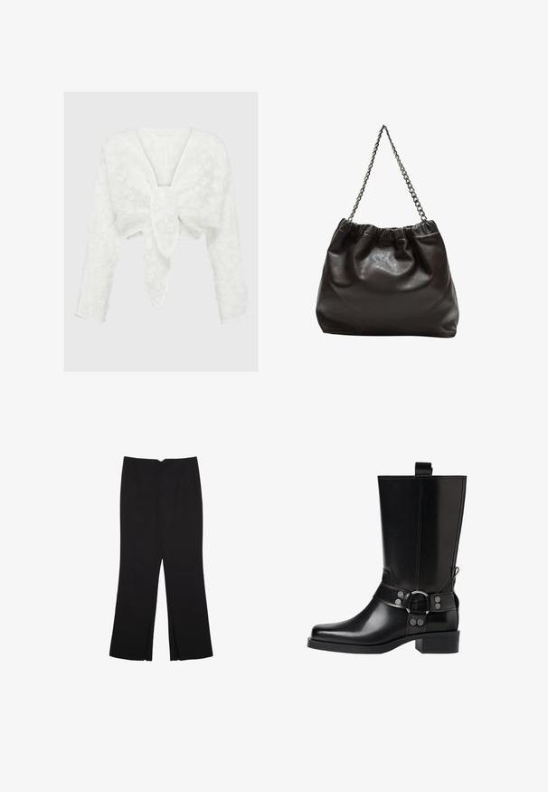 Blusa bianca corta con scollatura a V profonda, maniche lunghe e motivo floreale testurizzato. Caratteristica decorativa a forma di fiocco sul davanti. Materiale morbido e leggero.; Pantaloni neri a gamba dritta, con tasche frontali e spacchi laterali all'orlo. Realizzati in tessuto morbido e liscio. Adatti a diverse occasioni.; Stivale in pelle nera alto fino al ginocchio con punta affusolata, dettagli in argento e tacco largo. Presenta un inserto per facilitare l'indossamento.; Borsa in pelle marrone con parte superiore arricciata e tracolla a catena. Texture liscia con finitura lucida e dettagli di cucitura sottili sui lati.