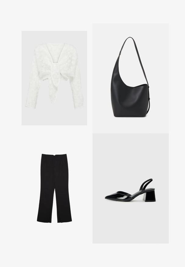 Blusa bianca corta con scollatura a V profonda, maniche lunghe e motivo floreale testurizzato. Caratteristica decorativa a forma di fiocco sul davanti. Materiale morbido e leggero.; Pantaloni neri a gamba dritta, con tasche frontali e spacchi laterali all'orlo. Realizzati in tessuto morbido e liscio. Adatti a diverse occasioni.; Décolleté in vernice nera con punta affusolata e tacco in geometria cubica. Presentano un design elegante e minimalista, con una texture liscia.; Borsa hobo nera in pelle con una superficie liscia, forma curvata e una singola tracolla regolabile; presenta un'ampia apertura nella parte superiore.