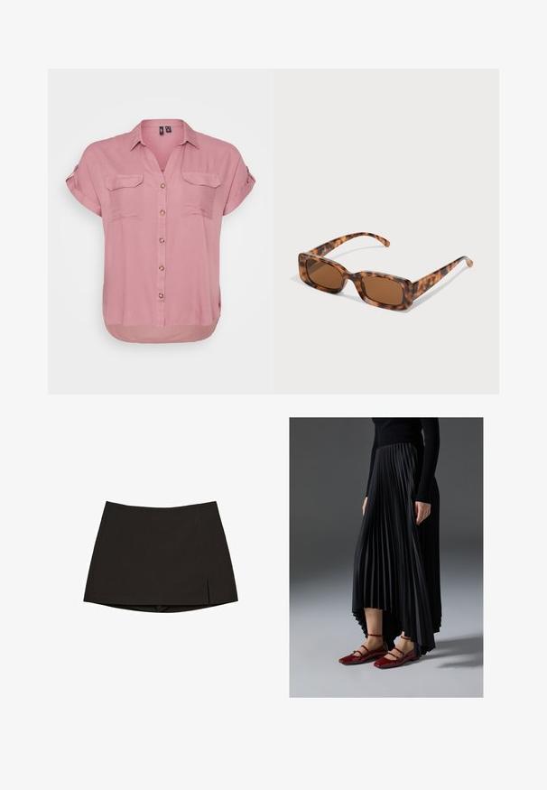 Chemise à manches courtes, boutonnée, en tissu rose clair, avec deux poches avant et un ourlet arrondi, arborant un col et des boutons décoratifs.; Mini-jupe noire en tissu lisse, avec une coupe droite, des fentes latérales et un ourlet net. Simple et polyvalente.; Jupe plissée noire avec un ourlet asymétrique, associée à des ballerines rouges brillantes avec un design à bandoulière. Le tissu a une texture lisse.; Lunettes de soleil en écaille de tortue avec des verres rectangulaires marron, une monture épaisse et des branches fines présentant un motif de nuances variées de marron.; Clutch blanc en cuir lisse avec une chaîne en métal et une barre métallique sur le devant. Design minimaliste et forme triangulaire.