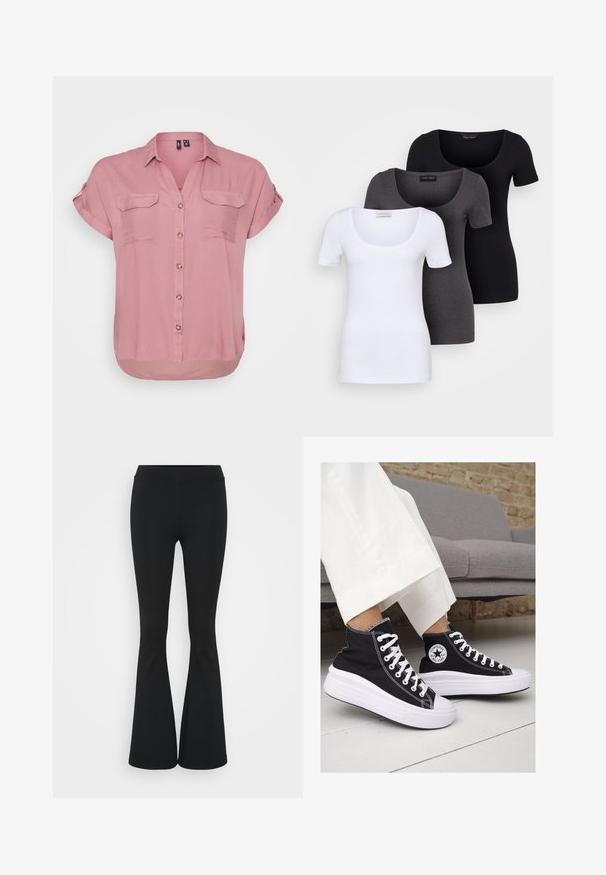 Kurzarmhemd mit Knöpfen aus weichem rosa Stoff, zwei aufgesetzten Taschen vorne und abgerundetem Saum. Es verfügt über einen Kragen und dekorative Knöpfe.; Drei figurbetonte T-Shirts in Weiß, Grau und Schwarz. Jedes hat einen weiten Rundhalsausschnitt und kurze Ärmel. Hergestellt aus glattem, elastischem Stoff.; Schwarze, ausgestellte Hosen aus dehnbarem Material mit hohem Bund und glatter Textur. Die Hose weitet sich ab dem Knie.; Schwarze Canvas-Hochtop-Sneakers mit weißen Gummisohlen und Schnürsenkeln. Mit einem runden Logo an der Seite und kontrastierendem weißen Nähten.