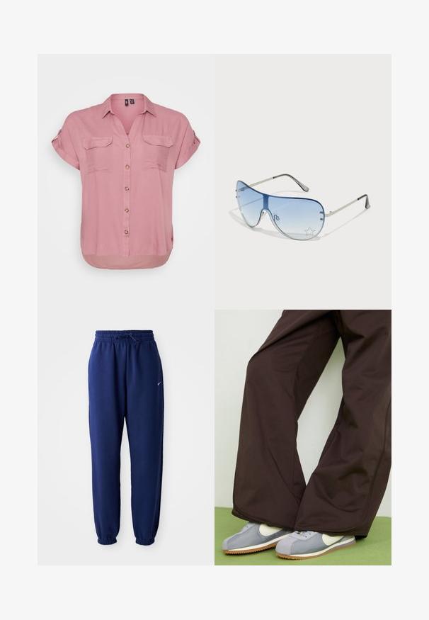 Chemise à manches courtes, boutonnée, en tissu rose clair, avec deux poches avant et un ourlet arrondi, arborant un col et des boutons décoratifs.; Pantalons de survêtement bleu marine en tissu doux, avec une taille élastique à cordon de serrage, des poignets élastiques et un petit logo blanc.; Pantalons larges marron avec une texture lisse et des détails sur les coutures latérales, accompagnés de baskets rétro grises et blanches avec une semelle en caoutchouc.; Lunettes de soleil aviateur avec des verres dégradés bleus, une monture en métal argenté et des accents décoratifs en forme d'étoile sur les verres. Design lisse et élégant.