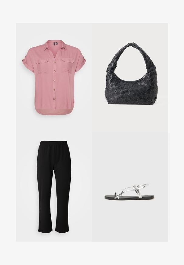 Short-sleeve, button-up shirt in soft pink fabric with two front pockets and a curved hem, featuring a collar and decorative buttons.; ONLY Carmakoma CARLAMA STRAIGHT - Trousers - black; Silver metallic sandals with a minimal design, featuring thin straps and a black flat sole. Highlights include cross strap accents.; Black leather woven shoulder bag with a rounded handle and crescent-shaped body on a plain background.