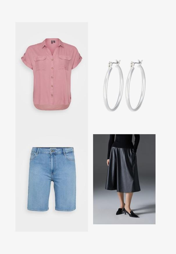 Lühikeste varrukatega nööbita särk pehmest roosast kangast, millel on kaks esist taskut ja kõver hem, koos krae ja dekoratiivnööbitega.; Heledad sinine teksade lühikesed püksid klassikalise lõikega, millel on ees nööp sulgemine, vöökonksud ja kaks külge taskut. Silusd tekstuur ja sirge äär.; Mustmustest mustsari mustmust mustmust; sisaldab vöökohta ja küljetaskuid. Kombineeritud läikivate mustade kontsakingadega.; Hõbedased rõngaskõrvarõngad, millel on sile, läikiv viimistlus. Ümmargune kuju ja turvaline klõpsulatus. Kerge disain, sobib igapäevaseks kandmiseks.