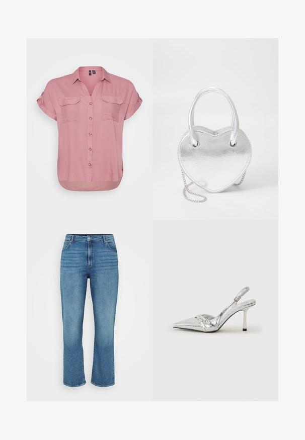 Short-sleeve, button-up shirt in soft pink fabric with two front pockets and a curved hem, featuring a collar and decorative buttons.; Light blue denim jeans with a straight leg design, featuring five pockets, belt loops, and subtle fading on the front.; Silver slingback high heel shoe with a pointed toe, metallic finish, two decorative straps, and a slender heel with a black tip.; Silver metallic heart-shaped handbag with dual handles, chain strap, and smooth texture. Features metal hardware and stitched edges.