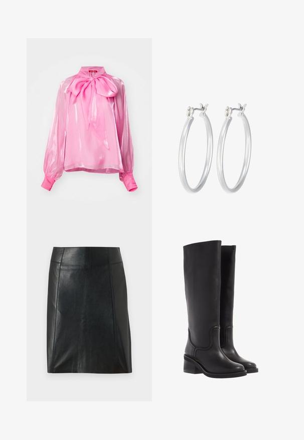 Roosa, läikiv bluus suure kaelusekaarega, puffblaanide pikkade varrukatega ja kitsaste mansettidega. Valmistatud kergest ja õhukesest materjalist.; Mustast nahast seelik, millel on kohandatud disain. Sile tekstuur, õmblused, mis rõhutavad vormi, ja sirge äär. Minimalistlik ja stiilne välimus.; Mustad mustad põlvini saapad siledast mustast nahast, ümarate varvaste ja turske kontsaga. Sisaldab peent õmblust ja voolujoonelist disaini.; Hõbedased rõngaskõrvarõngad, millel on sile, läikiv viimistlus. Ümmargune kuju ja turvaline klõpsulatus. Kerge disain, sobib igapäevaseks kandmiseks.