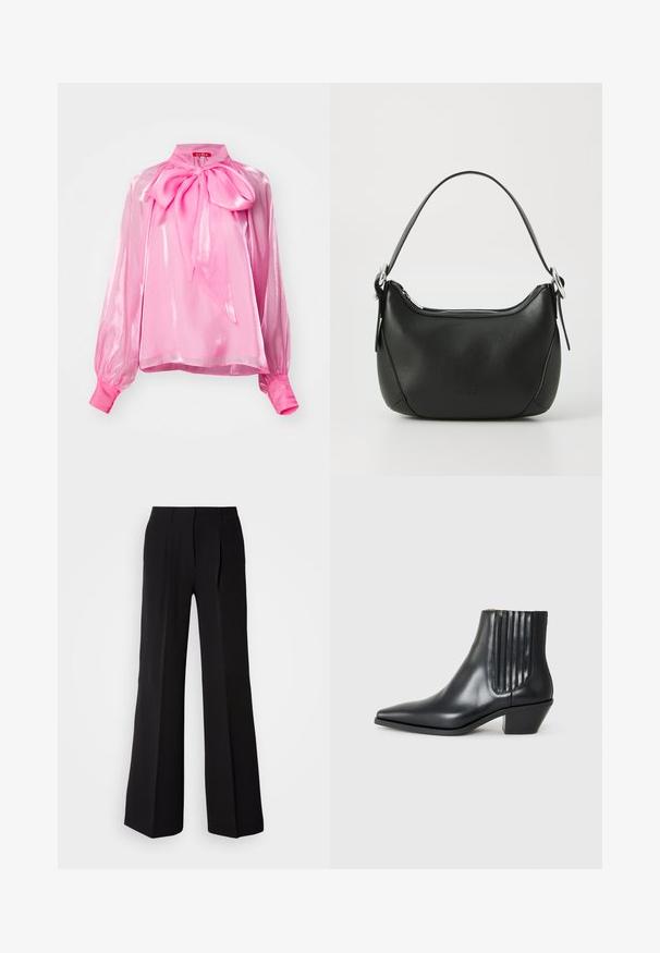 Rosa, schimmernde Bluse mit einer großen Schleife am Hals, puffigen langen Ärmeln und taillierten Manschetten. Hergestellt aus einem leichten, durchsichtigen Material.; Schwarze Hose aus glattem Stoff, mit hohem Bund, weitem Schnitt und zwei vorderen Falten für zusätzlichen Designakzent.; Schwarze Leder-Ankle-Boots mit spitzem Zehenbereich, seitlichen elastischen Einsätzen mit vertikalen Rillen und einem niedrigen Blockabsatz. Glatte Textur und elegantes Design.; Schwarze Ledertasche mit geschwungener Form, silbernem Reißverschluss und kurzem Griff. Verfügt über ein dezentes Logo auf der Vorderseite und eine glatte Textur.