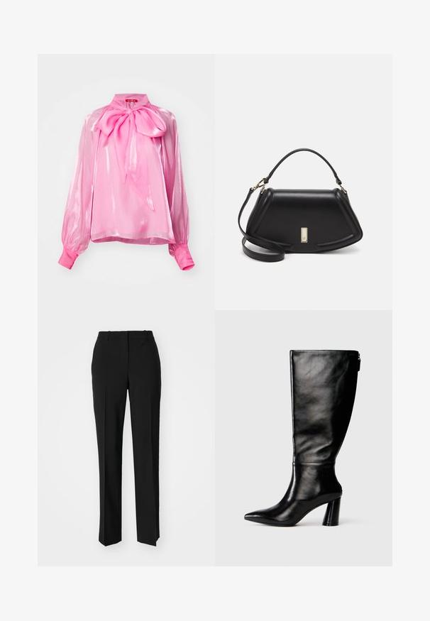 Pink, shiny blouse with a large bow at the neck, puffed long sleeves, and fitted cuffs. Made from a light, sheer material.; Black tailored trousers with a straight-leg design, featuring a smooth texture and crisp creases along the front. No visible hardware.; Knee-high black leather boot with a pointed toe, smooth texture, and a chunky heel. Features a zipper detail at the back.; Black leather handbag with a structured design, featuring a cropped shape, top handle, and gold hardware accent. Adjustable shoulder strap included.