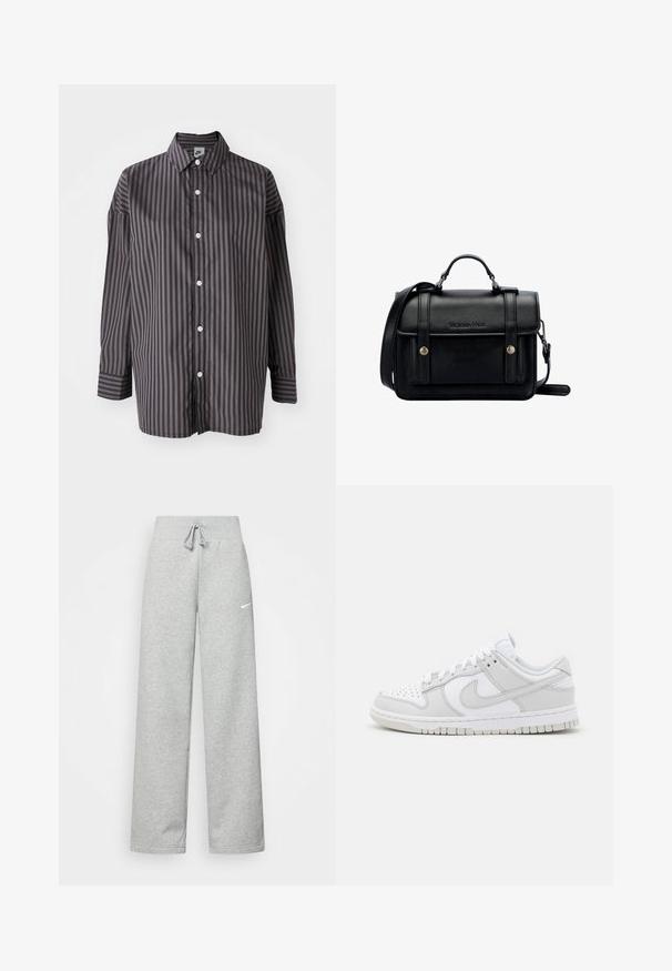 Czarna i ciemnoszara koszula z długim rękawem w paski, z kołnierzykiem, z przodem zapinanym na guziki oraz luźnym krojem. Gładka tekstura materiału.; Szare dresy z elastycznym pasem, szczegóły ze sznurkiem i małym białym logo Nike na lewej udzie. Miękka tkanina, luźny krój.; Białe skórzane trampki z szarymi akcentami, perforowanym noskiem, płaskimi sznurowadłami, wyściełanym kołnierzem i teksturowaną gumową podeszwą.; Czarna skórzana torebka na ramię o wyraźnej strukturze, z górnym uchwytem, regulowanym paskiem, przednią klapą i metalowymi akcentami. Posiada logo na przodzie.