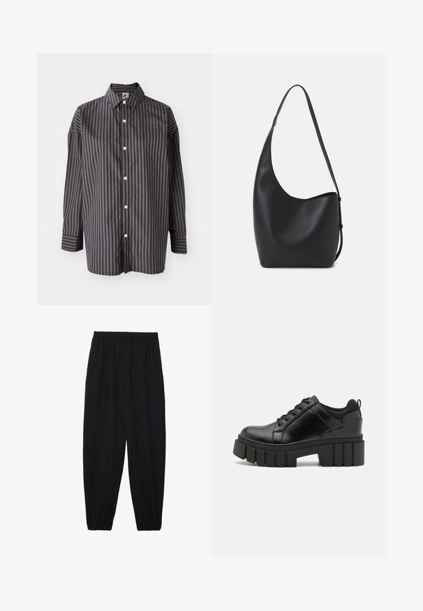 Chemise à manches longues rayée noir et gris foncé avec un col, fermeture à boutons sur le devant et une coupe décontractée. Texture du tissu lisse.; Pantalons noirs légers avec une taille élastique et des chevilles froncées. Le tissu est lisse et présente un design décontracté et fuselé.; Chaussures à plateforme en cuir noir avec un talon bloc épais, bout rond et un design traditionnel à lacets. Elles présentent une texture lisse et un détail minimal.; Sac hobo en cuir noir avec une texture lisse, une forme incurvée et une seule sangle réglable ; dispose d'une large ouverture en haut.