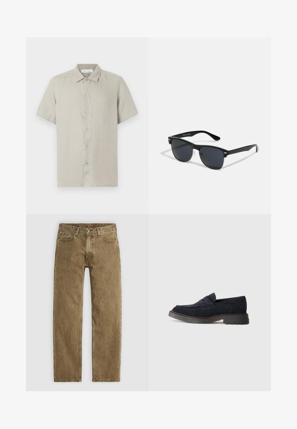 Bež kratka košulja s dugmadima i ovratnikom, izrađena od lagane tkanine, prikaz sprijeda na bijeloj pozadini.; Svijetlosmeđi traperice s ravnim nogavicama, pet džepova i bakrenim detaljima. Tekstuirana tkanina s vidljivim šavovima.; Mornarsko plavi nubuk mokasini s okruglim vrhom, dekorativnim šavovima i gumenim đonom sa blagom elevacijom. Izdržljiv materijal i dizajn.; Crne sunčane naočale pravokutnog oblika, tamne leće, srebrni detalji na sljepoočnicama i matirajuća završna obrada okvira.