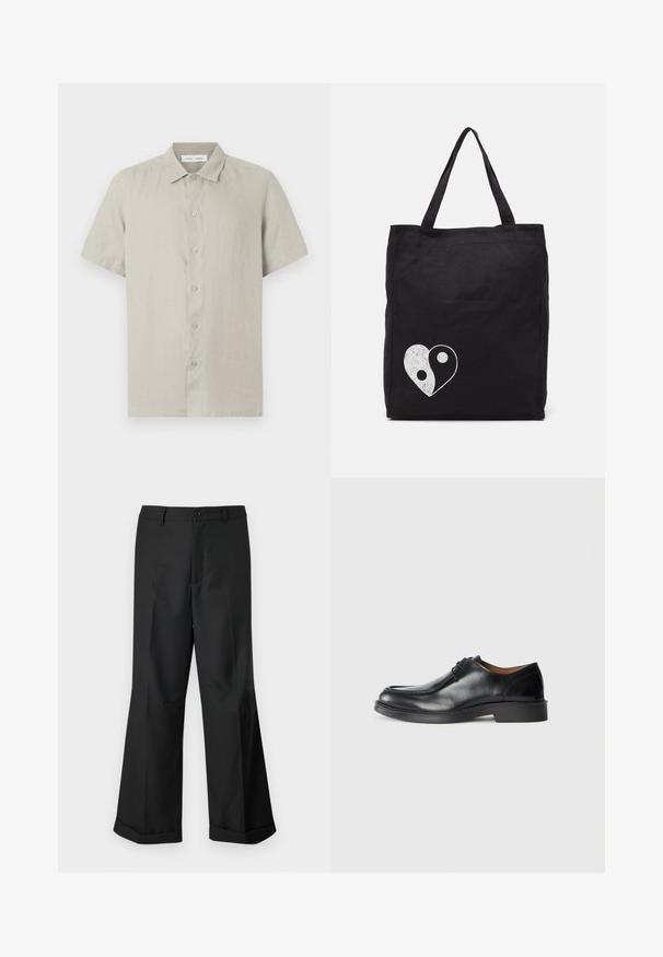 Beež värvi lühikeste varrukatega nööbitav särk kraega, valmistatud kerge kangaga, eestvaade valgel taustal.; Mustad laiad püksid nupuga vöökoha ja cuffidega hemmed, esitatud lihtsa valge tausta taustal.; Must sõlmiga mustad nahast kontsad, ümarate varvastega, sileda pinna ja madala, tekstuuriga kummitald. Puhtad jooned ja minimalistisch disain.; Must must kott, mis on valmistatud kangast, millel on valge yin-yang südame graafika. Kaks tugevat sangast, et hõlbustada kandmist. Lihtne ristküliku kujuline disain.