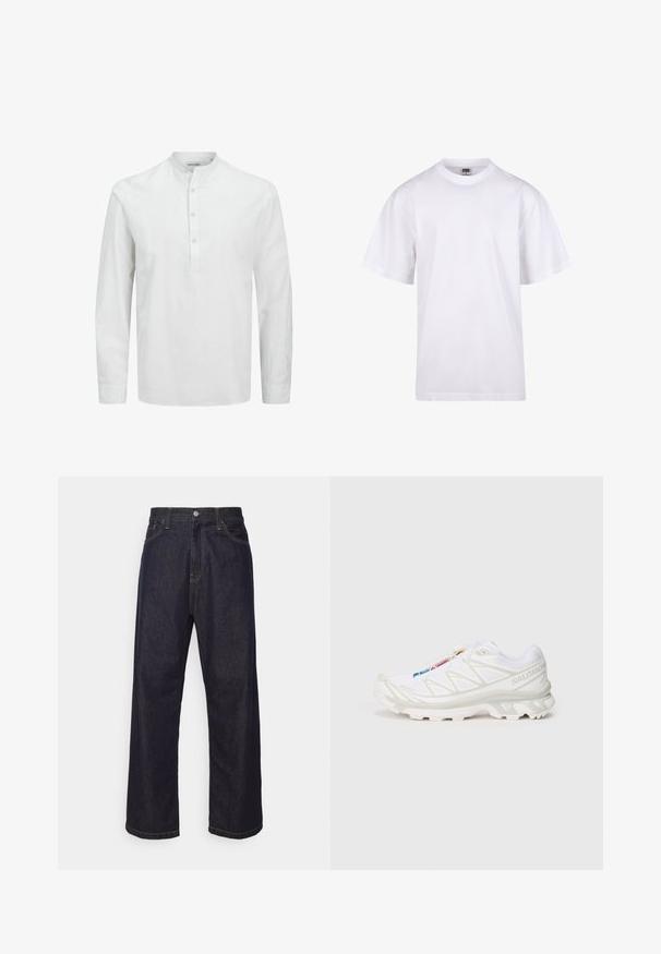 Camicia bianca a maniche lunghe realizzata in tessuto leggero. Presenta un colletto alla coreana e una patta con bottoni leggeri. Texture morbida e vestibilità comoda.; T-shirt bianca in cotone con scollatura a girocollo, maniche corte e vestibilità rilassata. Presenta un design semplice senza motivi o accenti.; Jeans in denim blu scuro a gamba dritta con cuciture gialle, bottone frontale, zip e design a cinque tasche.; Scarpa da ginnastica bianca con tomaia in rete testurizzata, dettagli riflettenti e suola ammortizzata. Logo del marchio ben visibile sul lato.