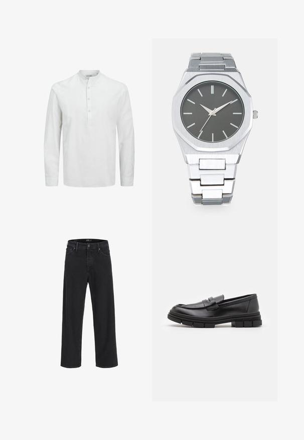 Camicia bianca a maniche lunghe realizzata in tessuto leggero. Presenta un colletto alla coreana e una patta con bottoni leggeri. Texture morbida e vestibilità comoda.; Jeans in denim nero a gamba dritta con chiusura a bottone e zip, passanti per cintura e tasche anteriori e posteriori.; Mocassini in pelle nera con finitura liscia, dotati di un dettaglio di cinturino anteriore e di una suola in gomma spessa con accenti scanalati.; Orologio analogico argento con cassa ottagonale, quadrante grigio, indicatori delle ore argentati e bracciale in acciaio inossidabile. Design minimalista con texture liscia.