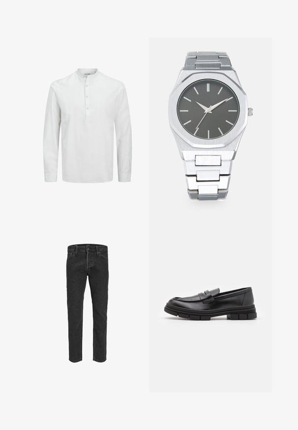 Biela košeľa s dlhým rukávom vyrobená z ľahkej tkaniny. Má bandový golier a zapínanie na gombíky s jemnými gombíkmi. Hladká textúra a voľný strih.; Čierne denimové rifle so strihom rovného nohavice, piatimi vreckami a pútkami na opasok, s mierne vyblednutou textúrou a kontrastným šitím.; Čierne kožené poltopánky s hladkým povrchom, s predným remienkom a robustnou gumovou podrážkou s drážkovanými akcentmi.; Strieborné analógové hodinky s osemuholníkovým puzdrom, sivým ciferníkom, striebornými hodinovými indexmi a nerezovým oceľovým remienkom. Minimalistický dizajn s hladkou textúrou.