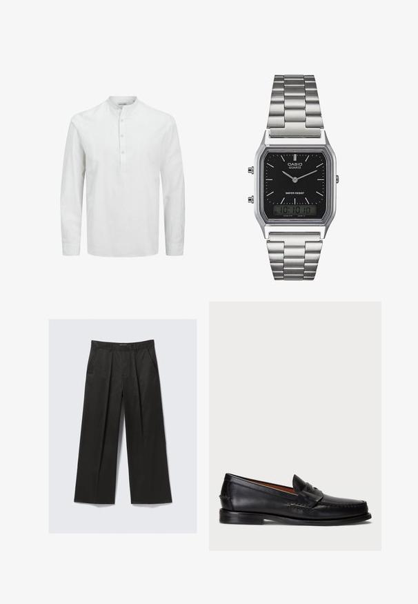 Weißes Langarmhemd aus leichtem Stoff. Verfügt über einen Stehkragen und eine durchgehende Knopfleiste mit hellen Knöpfen. Sanfte Textur und lockere Passform.; Schwarze weit geschnittene Hose mit glatter Textur, ausgestattet mit zwei frontalen Taschen und einem leicht erhöhten Bund.; Schwarze Lederloafer mit abgerundetem Zeh, gesteppten Details und einem dekorativen Riemen an der Vorderseite. Flache Sohle mit minimalem Profil.; Silberner Edelstahl-Quartz-Uhr mit schwarzem rechteckigem Zifferblatt, ausgestattet mit analogen Zeigern, digitaler Anzeige und Wasserdichtigkeitslabel.